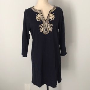 Navy cotton vneck dress. Long sleeve